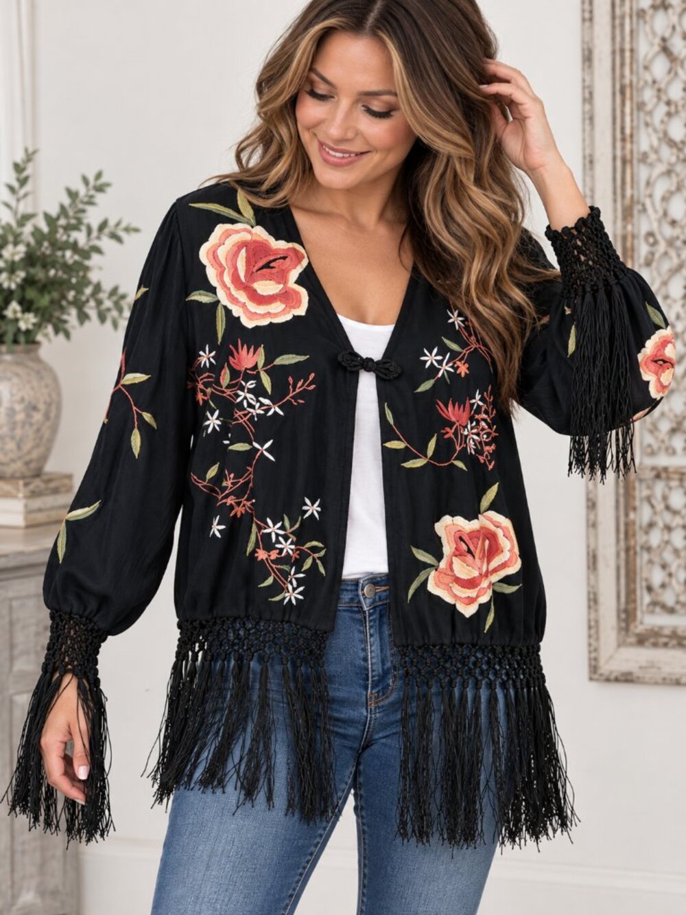 Monroe & Main XL Embroidered Floral Fringe Jacket Black Boho Western NWOT